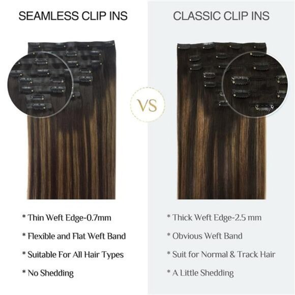 Hair Extensions Clip in Human Hair Dark Brown to Chestnut Brown 7pcs 150g 20Inch - Picture 5 of 7